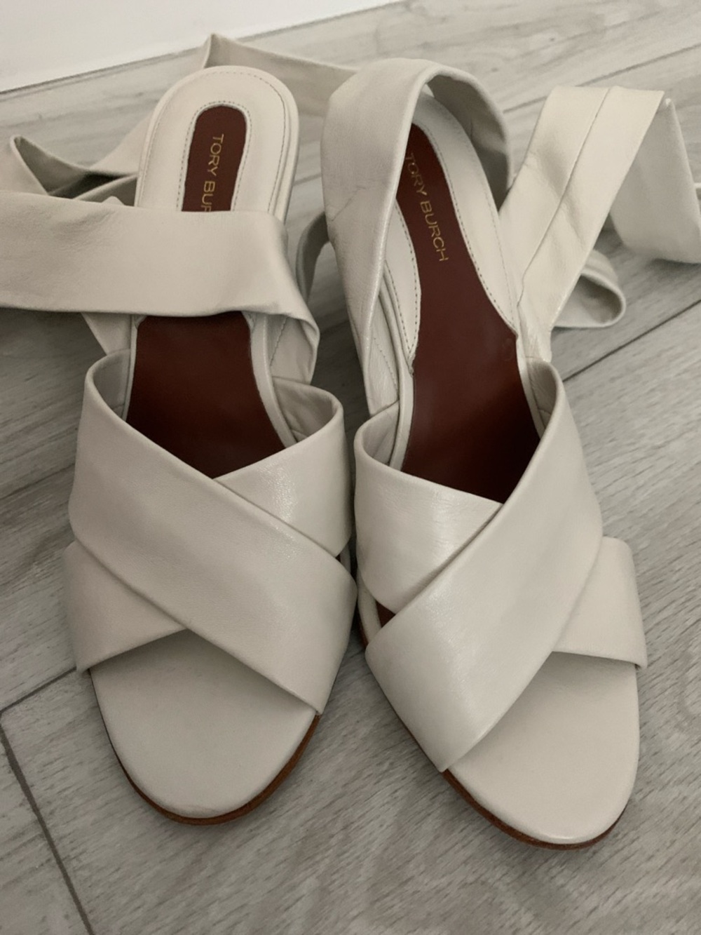 Tory Burch Ivory Leather Crisscross Tie up leg Sandals